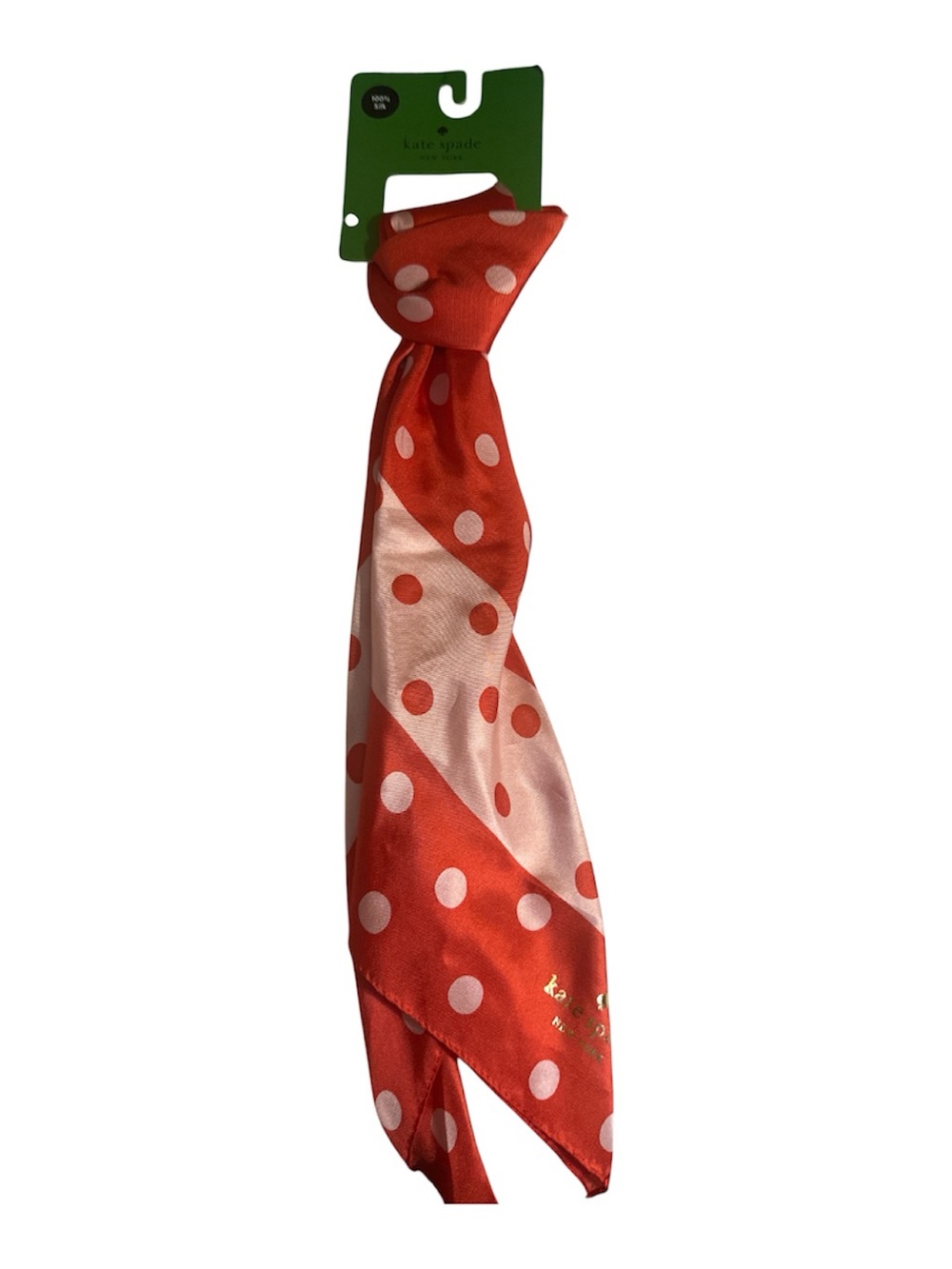 NWT Kate spade red and Light Pink Polka Dot Neck Scarf 100% silk gold acc